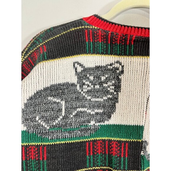 Vintage Knit Christmas Sweater S Cat Plaid Festive Holiday 80s Retro Classic - Picture 9 of 11